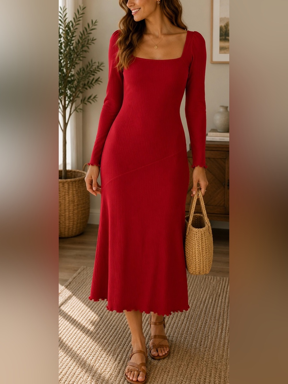 Topshop Red Long Sleeve Midi Dress